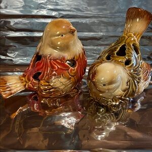 Vintage Ceramic Bird Figurine Pair in Brown and Red Glaze